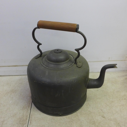 2420 - A vintage metal camping kettle, a small metal ammunition box and a vintage range finder telescope