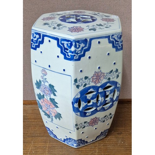 341 - A Chinese hexagonal barrel shaped ceramic garden seat