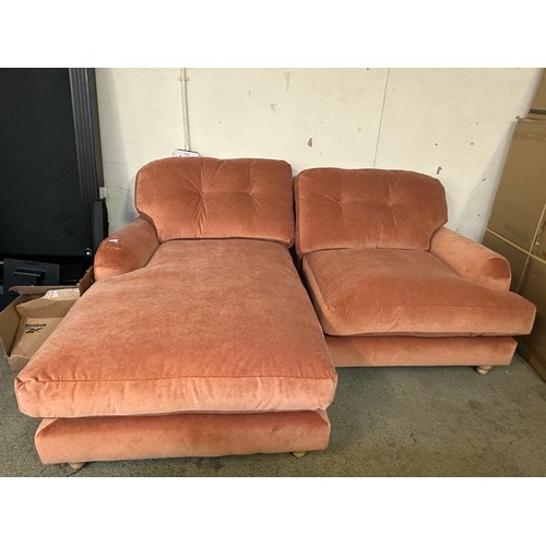 1474 - A peach velvet corner sofa - damaged frame