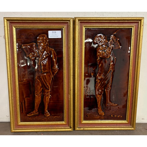 319 - A pair of Sherwin & Cotton ceramic tiles, Dickens characters, framed