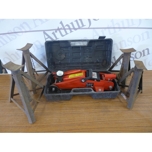 2354 - A Clarke Strong-Arm 2 tonne trolley jack and two pairs of metal axle stands