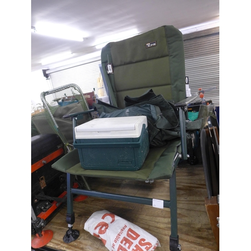 2382 - A large quantity of fishing equipment including an XPR folding chair, a Coleman baitbox, a Kiley pol... 