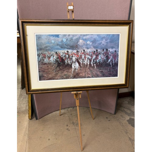 303 - A Charge of the Scots Greys at Waterloo print, framed and an artists easel