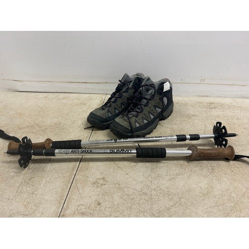 2375 - A pair of Hi-Tec size 10 hiking boots and Summit anti-shock hiking poles