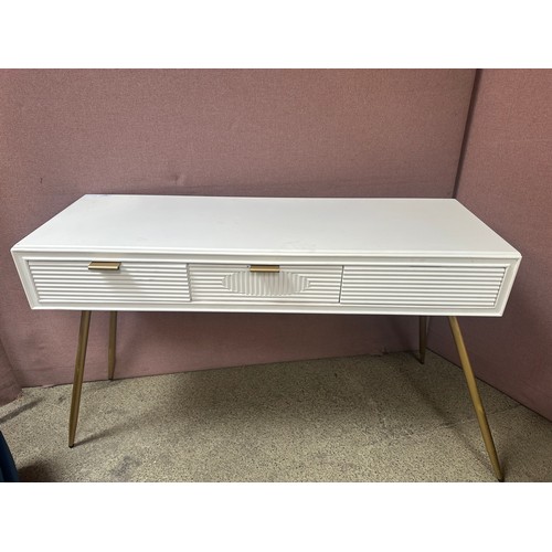 1480 - A white three drawer console table with gold legs