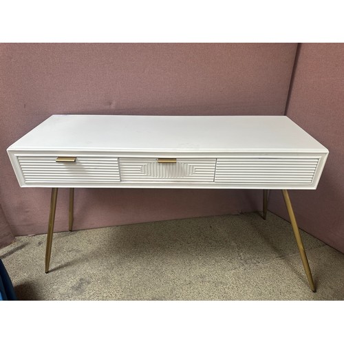 1480 - A white three drawer console table with gold legs