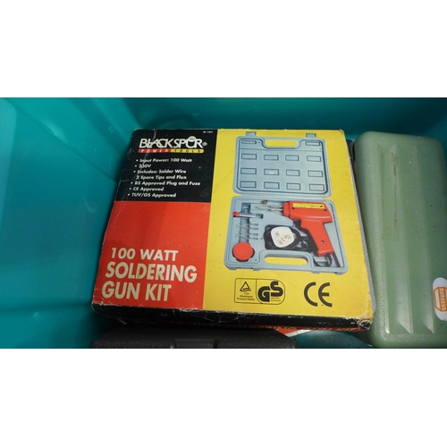 2019 - A plastic toolbox with a Black and Decker Scorpion KS890GT hand saw, a Workzone electrical repair ki... 