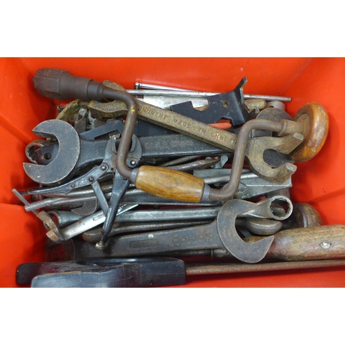 2031 - 3 boxes assorted hand tools including spanners, trowels, woodworking tools, allen keys etc.