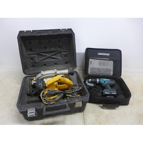 2043 - A Makita HP457D 18v drill in soft case and a Dewalt 240v D23620 power saw