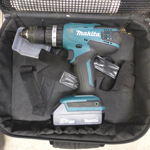 2043 - A Makita HP457D 18v drill in soft case and a Dewalt 240v D23620 power saw