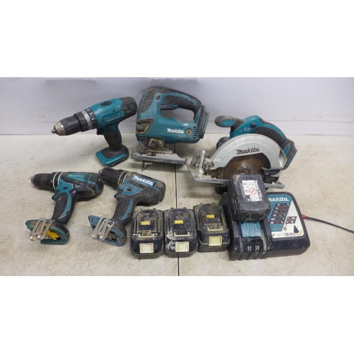 2045 - 5 Makita power tools - a DSS611 18v power saw, a DJV180 180 jigsaw and 3 drills BHP456, BHP453 and B... 