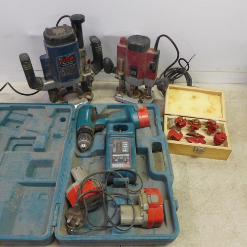 2047 - A Ryobi RE-601 industrial router, a Champion CR1010 router, a router bit set and a Makita 6280D, 14.... 