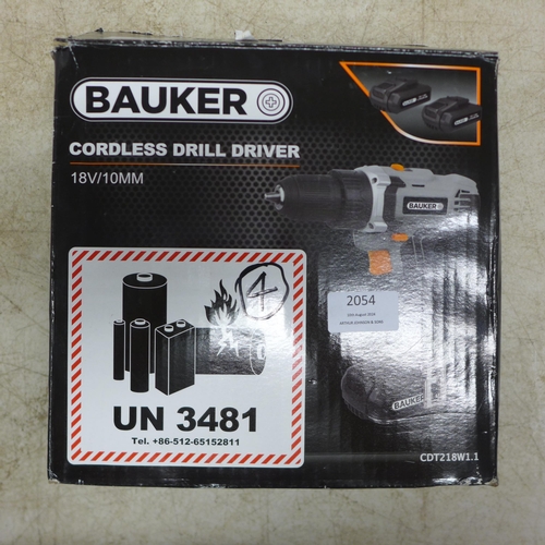 2054 - A Bauker CDT218W1.1 18V rechargeable cordless drill driver with 2 batteries