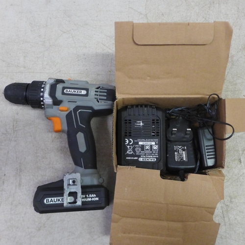 2054 - A Bauker CDT218W1.1 18V rechargeable cordless drill driver with 2 batteries