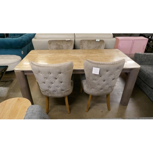 1369 - A hardwood and travertine dining table and four mink buttoned chair, ex display  *This lot is subjec... 