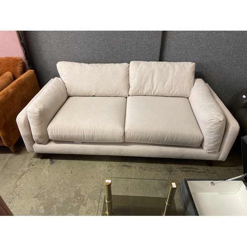 1458 - Oatmeal linen three seater sofa and footstool, brand new RRP £1099