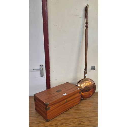 382 - A copper warming pan and a teak and brass mounted box