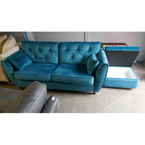 1400 - A turquoise velvet Hoxton three seater sofa and footstool, brand new RRP £1018