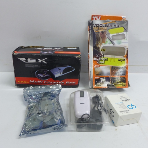 2064 - A quantity of assorted items including: a Viz lear HD car visor, a Rex multi console box, an LED hea... 