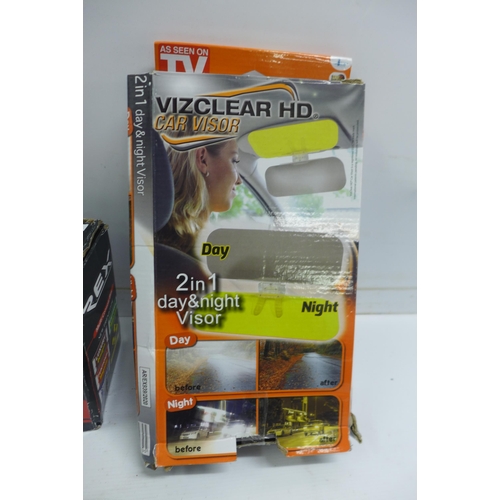 2064 - A quantity of assorted items including: a Viz lear HD car visor, a Rex multi console box, an LED hea... 