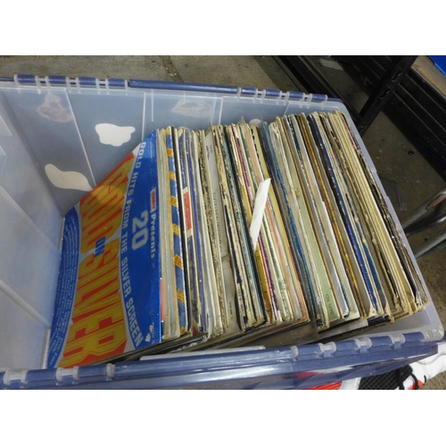 2127 - 2 boxes of singles, approximately 200 in total and a box of approximately 50 LPs