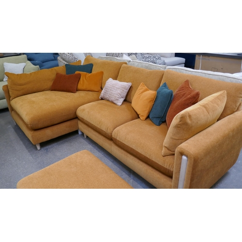 1301 - A burnt umber velvet large L shaped sofa and footstool with contrasting scatter cushions and semi ex... 