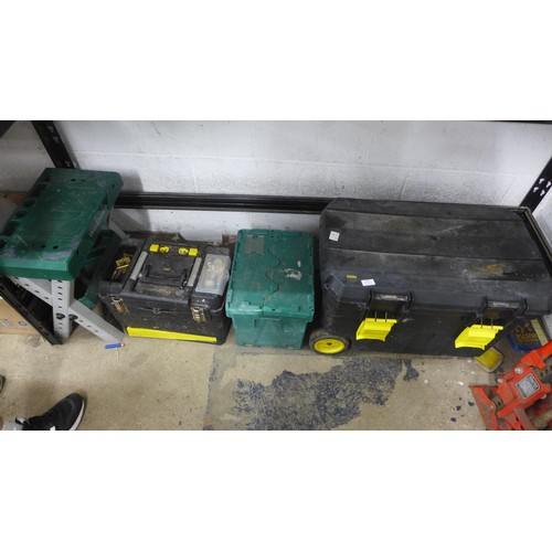 2058 - 2 toolboxes and a plastic workbench, includes 1 plastic tool box on wheels with pliers,  sockets, wo... 