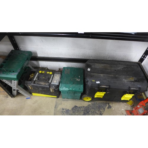 2058 - 2 toolboxes and a plastic workbench, includes 1 plastic tool box on wheels with pliers,  sockets, wo... 