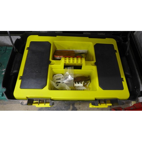 2058 - 2 toolboxes and a plastic workbench, includes 1 plastic tool box on wheels with pliers,  sockets, wo... 