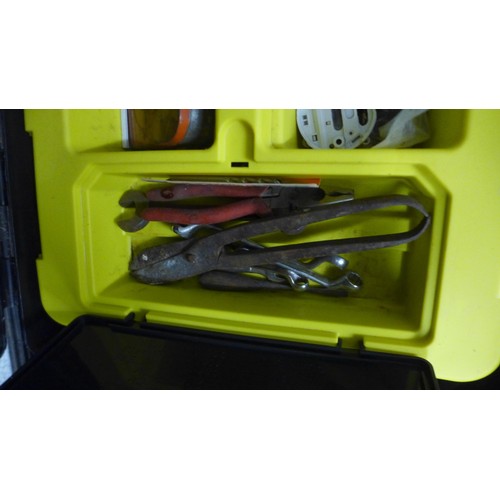 2058 - 2 toolboxes and a plastic workbench, includes 1 plastic tool box on wheels with pliers,  sockets, wo... 