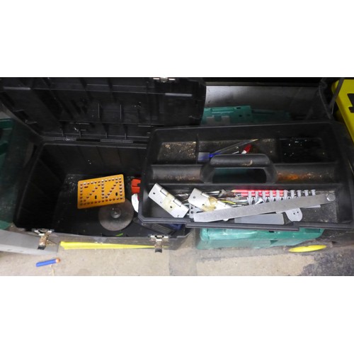 2058 - 2 toolboxes and a plastic workbench, includes 1 plastic tool box on wheels with pliers,  sockets, wo... 