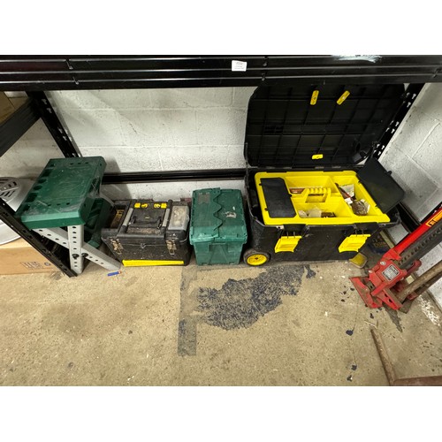 2058 - 2 toolboxes and a plastic workbench, includes 1 plastic tool box on wheels with pliers,  sockets, wo... 