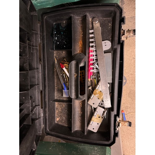 2058 - 2 toolboxes and a plastic workbench, includes 1 plastic tool box on wheels with pliers,  sockets, wo... 