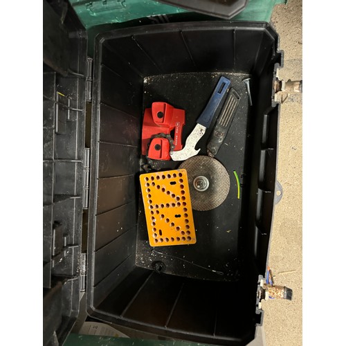 2058 - 2 toolboxes and a plastic workbench, includes 1 plastic tool box on wheels with pliers,  sockets, wo... 