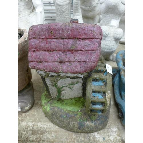 2198 - 3 garden ornaments - a house, a gnome in a planter and a gnome in a car