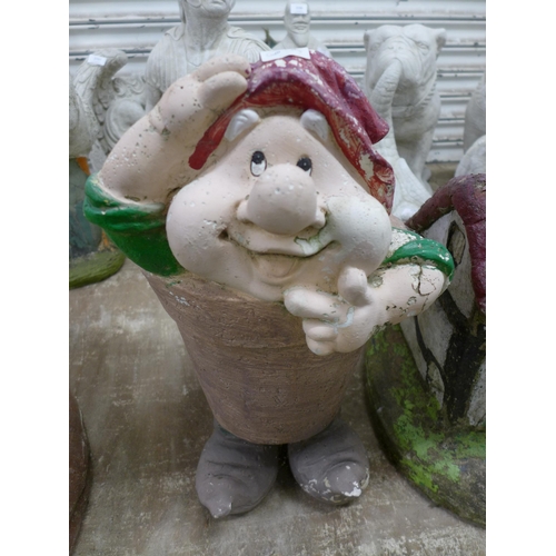 2198 - 3 garden ornaments - a house, a gnome in a planter and a gnome in a car