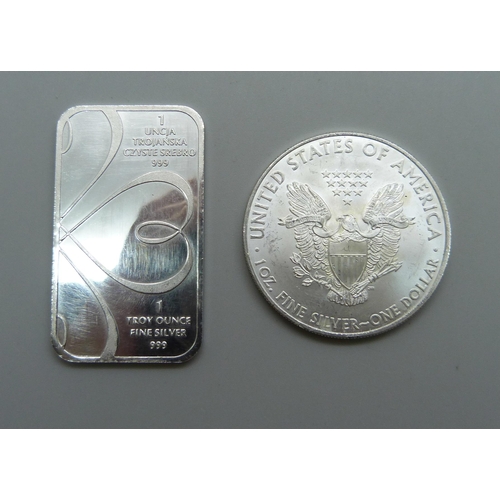 1006 - A 2009 United States 1oz. fine silver one-dollar coin and a 1 troy ounce fine silver ingot