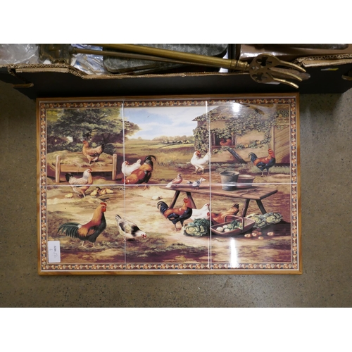 1086 - A box of assorted items, set of six framed tiles, postcards, brass, glass vase, etc. **PLEASE NOTE T... 