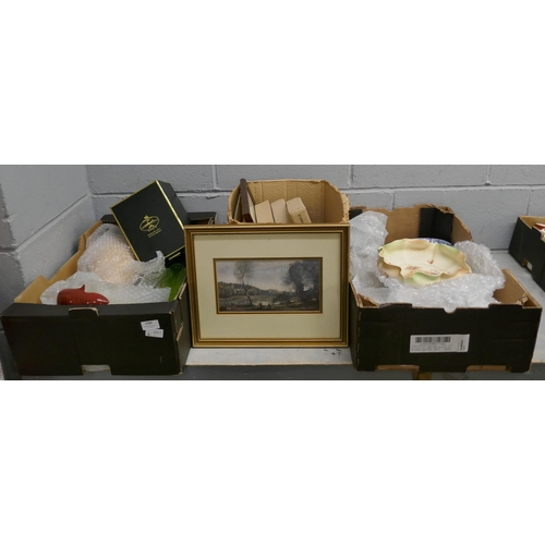 1090 - Three boxes of mixed glass and china including Sylvac, three collectors plates and four framed pictu... 