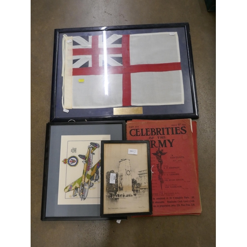 1095 - Two embroidered RAF pictures, a framed flag, Celebrities of The Army Publications, etc. **PLEASE NOT... 