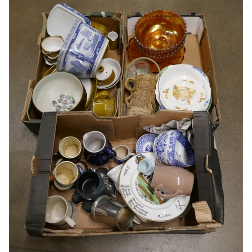 1113 - Three boxes of mixed china including Denby, two Carnival glass bowls, Chinese blue and white planter... 