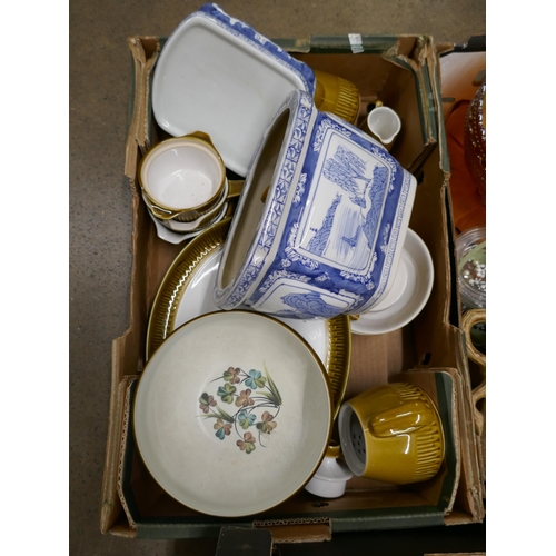 1113 - Three boxes of mixed china including Denby, two Carnival glass bowls, Chinese blue and white planter... 