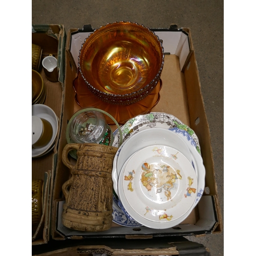 1113 - Three boxes of mixed china including Denby, two Carnival glass bowls, Chinese blue and white planter... 