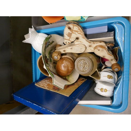 1115 - Four boxes of mixed items, including Wade Whimsies, toy wooden horse, Royal Worcester Evesham, two E... 