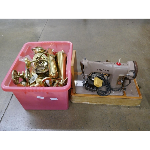 1117 - A box of brassware, a sewing machine, etc. **PLEASE NOTE THIS LOT IS NOT ELIGIBLE FOR IN-HOUSE POSTI... 