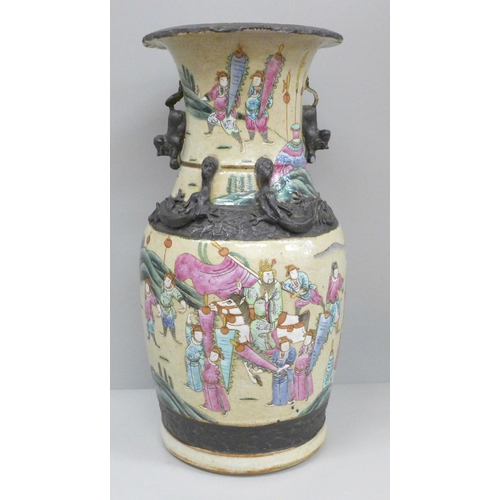 601 - An early 20th century Chinese famille rose crackle glaze vase, 36cm, a/f