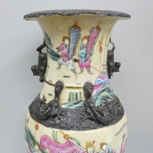 601 - An early 20th century Chinese famille rose crackle glaze vase, 36cm, a/f