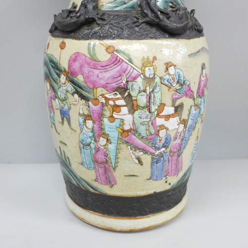 601 - An early 20th century Chinese famille rose crackle glaze vase, 36cm, a/f