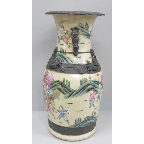 601 - An early 20th century Chinese famille rose crackle glaze vase, 36cm, a/f