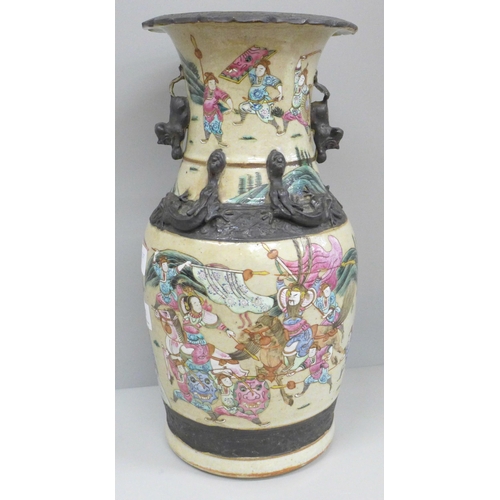 601 - An early 20th century Chinese famille rose crackle glaze vase, 36cm, a/f